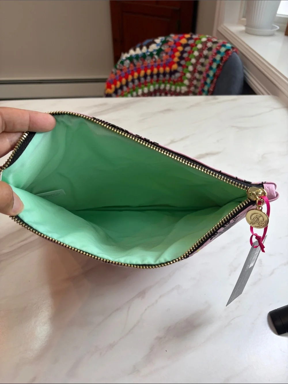 NWT Sara Miller Ostrich & Palms pink & gold large zipper pouch- preppy beach